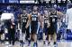 Apr 26, 2014; Dallas, TX, USA; San Antonio Spurs forward Tim Duncan (21) and forward Boris Diaw (33) and guard Manu Ginobili (20) and forward Kawhi Leonard (2) react after the second quarter against the Dallas Mavericks in game three of the first round of the 2014 NBA Playoffs at American Airlines Center. Mandatory Credit: Kevin Jairaj-USA TODAY Sports