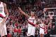 PORTLAND, OR - APRIL 27: Damian Lillard #0 of the Portland Trail Blazers celebrates during a game against the Houston Rockets in Game Four of the Western Conference Quarterfinals during the 2014 NBA Playoffs on April 27, 2014 at the Moda Center in Portland, Oregon. NOTE TO USER: User expressly acknowledges and agrees that, by downloading and or using this photograph, User is consenting to the terms and conditions of the Getty Images License Agreement. Mandatory Copyright Notice: Copyright 2014 NBAE (Photo by Sam Forencich/NBAE via Getty Images)