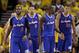 Los Angeles Clippers' Chris Paul, Hedo Turkoglu (8), Jamal Crawford (11) and Blake Griffin (32) walk back to their bench in the closing minutes of a 118-97 loss to the Golden State Warriors during the second half in Game 4 of an opening-round NBA basketball playoff series on Sunday, April 27, 2014, in Oakland, Calif. (AP Photo/Marcio Jose Sanchez)