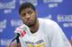 INDIANAPOLIS - APRIL 28: Paul George #24 of the Indiana Pacers addresses the media after a game against the Atlanta Hawks in Game Five of the Eastern Conference Quarterfinals at Bankers Life Fieldhouse on April 28, 2014 in Indianapolis, Indiana. NOTE TO USER: User expressly acknowledges and agrees that, by downloading and or using this Photograph, user is consenting to the terms and condition of the Getty Images License Agreement. Mandatory Copyright Notice: 2014 NBAE (Photo by Ron Hoskins/NBAE via Getty Images)