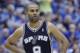 San Antonio Spurs guard Tony Parker (9) of France looks on during the first half of Game 3 of an NBA basketball first-round playoff series against the Dallas Mavericks in Dallas, Saturday, April 26, 2014. (AP Photo/LM Otero)