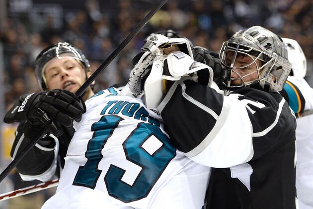 Sharks' Thornton Has Run-Ins with Brown, Quick