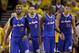 Los Angeles Clippers' Chris Paul, Hedo Turkoglu (8), Jamal Crawford (11) and Blake Griffin (32) walk back to their bench in the closing minutes of a 118-97 loss to the Golden State Warriors during the second half in Game 4 of an opening-round NBA basketball playoff series on Sunday, April 27, 2014, in Oakland, Calif. (AP Photo/Marcio Jose Sanchez)