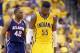 INDIANAPOLIS, IN - APRIL 19: Roy Hibbert #55 of the the Indiana Pacers walks with his head down after a foul in the 101 -93 loss to the Atlanta Hawks in Game 1 of the Eastern Conference Quarterfinals during the 2014 NBA Playoffs at Bankers Life Fieldhouse on April 19, 2014 in Indianapolis, Indiana. NOTE TO USER: User expressly acknowledges and agrees that, by downloading and or using this photograph, User is consenting to the terms and conditions of the Getty Images License Agreement. (Photo by Andy Lyons/Getty Images)