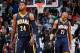ATLANTA, GA - APRIL 24: Paul George #24 and David West #21 of the Indiana Pacers react after their 98-85 loss to the Atlanta Hawks in Game 3 of the Eastern Conference Quarterfinals during the 2014 NBA Playoffs at Philips Arena on April 24, 2014 in Atlanta, Georgia. NOTE TO USER: User expressly acknowledges and agrees that, by downloading and or using this photograph, User is consenting to the terms and conditions of the Getty Images License Agreement. (Photo by Kevin C. Cox/Getty Images)