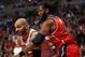 CHICAGO, IL - APRIL 29: Carlos Boozer #5 of the Chicago Bulls tries to move against Nene #42 of the Washington Wizards in Game Five of the Eastern Conference Quarterfinals during the 2014 NBA Playoffs at the United Center on April 29, 2014 in Chicago, Illinois. The Wizards defeated the Bulls 75-69 to win the series four games to one. NOTE TO USER: User expressly acknowledges and agrees that, by downloading and or using this photograph, User is consenting to the terms and conditions of the Getty Images License Agreement. (Photo by Jonathan Daniel/Getty Images)