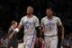 Brooklyn Nets' Paul Pierce (34) and Joe Johnson (7) react during the second half of an NBA basketball game against the Atlanta Hawks Friday, April 11, 2014, in New York. Atlanta won 93-88. (AP Photo/Jason DeCrow)