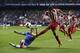 Atletico's Diego Costa, right has his shot on goal blocked by Chelsea's Gary Cahill during the Champions League semifinal second leg soccer match between Chelsea and Atletico Madrid at Stamford Bridge stadium in London, Wednesday, April 30, 2014. (AP Photo/Matt Dunham)
