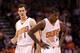 PHOENIX, AZ - DECEMBER 18: Goran Dragic #1 and Eric Bledsoe #2 of the Phoenix Suns await a free throw shot during the NBA game against the San Antonio Spurs at US Airways Center on December 18, 2013 in Phoenix, Arizona. The Spurs defeated the 108-101. NOTE TO USER: User expressly acknowledges and agrees that, by downloading and or using this photograph, User is consenting to the terms and conditions of the Getty Images License Agreement. (Photo by Christian Petersen/Getty Images)