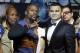 Floyd Mayweather Jr. left, and Marcos Maidana pose for photos during a news conference Wednesday, April 30, 2014, in Las Vegas. The pair square off in a welterweight title fight on Saturday, May 3. (AP Photo/Isaac Brekken)