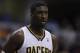 Indiana Pacers' Roy Hibbert (55) during the second half in Game 5 of an opening-round NBA basketball playoff series against the Atlanta Hawks Monday, April 28, 2014, in Indianapolis. Atlanta defeated Indiana 107-97. (AP Photo/Darron Cummings)