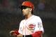 CINCINNATI, OH - APRIL 29: Billy Hamilton #6 of the Cincinnati Reds walks off the field as rain stops the game in the sixth inning against the Chicago Cubs at Great American Ball Park on April 29, 2014 in Cincinnati, Ohio. (Photo by Joe Robbins/Getty Images)