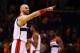 Jan 24, 2014; Phoenix, AZ, USA; Washington Wizards center Marcin Gortat reacts in the first quarter against the Phoenix Suns at the US Airways Center. Mandatory Credit: Mark J. Rebilas-USA TODAY Sports
