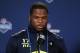 Feb 21, 2014; Indianapolis, IN, USA; Ohio State Buckeyes running back Carlos Hyde speaks to the media in a press conference during the 2014 NFL Combine at Lucas Oil Stadium. Mandatory Credit: Brian Spurlock-USA TODAY Sports