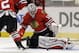 Chicago Blackhawks goalie Corey Crawford blocks a shot during the first period in Game 4 of a first-round NHL hockey playoff series against the St. Louis Blues in Chicago, Wednesday, April 23, 2014. (AP Photo/Nam Y. Huh)