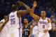 OKLAHOMA CITY, OK - APRIL 19: Kevin Durant #35 of the Oklahoma City Thunder and Russell Westbrook #0 of the Oklahoma City Thunder celebrate against the Memphis Grizzlies in Game One of the Western Conference Quarterfinals during the 2014 NBA Playoffs at Chesapeake Energy Arena on April 19, 2014 in Oklahoma City, Oklahoma. NOTE TO USER: User expressly acknowledges and agrees that, by downloading and or using this photograph, User is consenting to the terms and conditions of the Getty Images License Agreement. (Photo by Ronald Martinez/Getty Images)