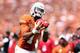 DALLAS, TX - OCTOBER 12: Mike Davis #1 of the Texas Longhorns pulls in a touchdown pass in the end zone turnover score against the Oklahoma Sooners in the third quarter at the Cotton Bowl on October 12, 2013 in Dallas, Texas. The Longhorns beat the Sooners 36-20. (Photo by Tom Pennington/Getty Images)