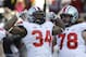 Ohio State running back Carlos Hyde (34) reacts after his touchdown during the second half of an NCAA college football game against Michigan in Ann Arbor, Mich., Saturday, Nov. 30, 2013. Ohio State defeated Michigan 42-41. (AP Photo/Carlos Osorio)