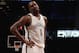 Apr 27, 2014; Brooklyn, NY, USA; Brooklyn Nets center Andray Blatche (0) reacts against the Toronto Raptors during the second quarter in game four of the first round of the 2014 NBA Playoffs at Barclays Center. Mandatory Credit: Adam Hunger-USA TODAY Sports