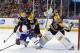 Boston Bruins defenseman Johnny Boychuk (55) checks Montreal Canadiens right wing Brendan Gallagher (11) as Bruins goalie Tuukka Rask (40) protects the net during the first period in Game 2 of an NHL hockey second-round playoff series in Boston, Saturday, May 3, 2014. (AP Photo/Elise Amendola)