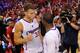 Los Angeles Clippers forward Blake Griffin, left, congratulates guard Chris Paul after defeating the Golden State Warriors in Game 7 of an opening-round NBA basketball playoff series, Saturday, May 3, 2014, in Los Angeles. The Clippers won 126-121. (AP Photo/Mark J. Terrill)