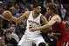 Mar 12, 2014; San Antonio, TX, USA; San Antonio Spurs forward Tim Duncan (21) posts up against Portland Trail Blazers center Robin Lopez (42) during the second half at AT&T Center. The Spurs won 103-90. Mandatory Credit: Soobum Im-USA TODAY Sports