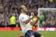 Manchester City's Pablo Zabaleta celebrates their win at the end of their English Premier League soccer match against Everton at Goodison Park in Liverpool, England, Saturday May 3, 2014. (AP Photo/Clint Hughes)