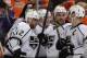 ANAHEIM, CA - MAY 03: (L-R) Marian Gaborik #12, Tanner Pearson #70, Alec Martinez #27 and Dustin Brown #23 of the Los Angeles Kings celebrate Gaborik's overtime goal against the Anaheim Ducks in Game One of the Second Round of the 2014 NHL Stanley Cup Playoffs at Honda Center on May 3, 2014 in Anaheim, California. The Kings defeated the Ducks 3-2 in overtime. (Photo by Jeff Gross/Getty Images)
