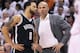TORONTO, ON - MAY 4: Head coach Jason Kidd of the Brooklyn Nets chats with Deron Williams #8 during a timeout against the Toronto Raptors in Game Seven of the NBA Eastern Conference Quarterfinals at the Air Canada Centre on May 4, 2014 in Toronto, Ontario, Canada. The Nets defeated the Raptors 104-103 to win the series 4-3. NOTE TO USER: user expressly acknowledges and agrees that, by downloading and/or using this Photograph, user is consenting to the terms and conditions of the Getty Images License Agreement. (Photo by Claus Andersen/Getty Images)