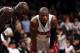 Miami Heat's Dwyane Wade (3) stands with Brooklyn Nets' Kevin Garnett during an NBA basketball game Friday, Nov. 1, 2013, in New York. (AP Photo/Jason DeCrow)