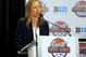 May 5, 2014; New York, NY, USA; Big East Conference commissioner Val Ackerman addresses the media during the NCAA basketball Big East/Big Ten press conference at Madison Square Garden. Mandatory Credit: Andy Marlin-USA TODAY Sports