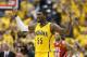 INDIANAPOLIS, IN - MAY 3: Roy Hibbert #55 of the Indiana Pacers celebrates following Game Seven of the Eastern Conference Quarterfinals of the 2014 NBA Playoffs against the Atlanta Hawks on May 3, 2014 at Bankers Life Fieldhouse in Indianapolis, Indiana. The Pacers won 92-80. NOTE TO USER: User expressly acknowledges and agrees that, by downloading and or using this photograph, User is consenting to the terms and conditions of the Getty Images License Agreement. (Photo by Joe Robbins/Getty Images)