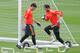 MADRID, SPAIN - OCTOBER 22: Iker Casillas (L) and Diego Lopez during a training session ahead of their UEFA Champions League Group B match against Juventus, at Valdebebas training ground on October 22, 2013 in Madrid, Spain. (Photo by Denis Doyle/Getty Images)