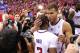 LOS ANGELES, CA - MAY 03: Blake Griffin #32 and Chris Paul #3 of the Los Angeles Clippers embrace after defeating the Golden State Warriors in Game Seven of the Western Conference Quarterfinals during the 2014 NBA Playoffs at Staples Center on May 3, 2014 in Los Angeles, California. The Clippers won 126-121 to win the series four games to three. NOTE TO USER: User expressly acknowledges and agrees that, by downloading and or using this photograph, User is consenting to the terms and conditions of the Getty Images License Agreement. (Photo by Stephen Dunn/Getty Images)