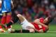 MANCHESTER, ENGLAND - MAY 06: Phil Jones of Manchester United holds his shoulder after sustaining an injury during the Barclays Premier League match between Manchester United and Hull City at Old Trafford on May 6, 2014 in Manchester, England. (Photo by Alex Livesey/Getty Images)