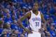 OKLAHOMA CITY, OK - MAY 5: Kevin Durant #35 of the Oklahoma City Thunder looks on in Game One of the Western Conference Semifinals against the Los Angeles Clippers during the 2014 NBA Playoffs at the Chesapeake Arena on May 5, 2014 in Oklahoma City, Oklahoma. NOTE TO USER: User expressly acknowledges and agrees that, by downloading and/or using this photograph, user is consenting to the terms and conditions of the Getty Images License Agreement. Mandatory Copyright Notice: Copyright 2014 NBAE (Photo by Richard Rowe/NBAE via Getty Images)
