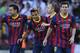 FC Barcelona's Alexis Sanchez, second left, celebrates after scoring against Getafe with his teammates Xavi Hernandez, left, Andres Iniesta, second right, and Lionel Messi from Argentina, during a Spanish La Liga soccer match at the Camp Nou stadium in Barcelona, Spain, Saturday May 3, 2014. (AP Photo/Manu Fernandez)