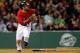 BOSTON, MA - MAY 2: Dustin Pedroia #15 of the Boston Red Sox watches his grand slam home run in the sixth inning against the Oakland Athletics at Fenway Park on May 2, 2014 in Boston, Massachusetts. (Photo by Jim Rogash/Getty Images)