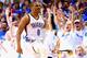 OKLAHOMA CITY, OK - MAY 07: Russell Westbrook #0 of the Oklahoma City Thunder celebrates a three-point shot against the Los Angeles Clippers in Game Two of the Western Conference Semifinals during the 2014 NBA Playoffs at Chesapeake Energy Arena on May 7, 2014 in Oklahoma City, Oklahoma. NOTE TO USER: User expressly acknowledges and agrees that, by downloading and or using this photograph, User is consenting to the terms and conditions of the Getty Images License Agreement. (Photo by Ronald Martinez/Getty Images)