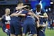 Paris Saint-Germain's players celebrate the opening goal during a French league one soccer match between Paris-Saint-Germain and Rennes at Parc des Princes stadium in Paris, Wednesday, May 7, 2014. Paris Saint Germain clinched their second straight French league title on Wednesday after rival Monaco drew 1-1 against French Cup holder Guingamp. (AP Photo/Michel Euler)
