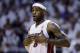 Miami Heat's LeBron James (6) gestures in the second half of Game 1 in an Eastern Conference semifinal basketball game against the Brooklyn Nets, Tuesday, May 6, 2014, in Miami. The Heat defeated the Nets 107-86. (AP Photo/Lynne Sladky)