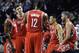 Houston Rockets' Dwight Howard (12) talks with teammates during a timeout against the Portland Trail Blazers during the first half of game six of an NBA basketball first-round playoff series game in Portland, Ore., Friday May 2, 2014. (AP Photo/Greg Wahl-Stephens)
