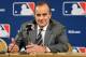 Dec 3, 2012; Nashville, TN, USA; MLB executive vice president of baseball operations Joe Torre answers questions from the media during the Major League Baseball winter meetings at the Gaylord Opryland Hotel. Mandatory credit: Don McPeak-USA Today Sports