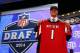 NEW YORK, NY - MAY 08: Jake Matthews of the Texas A&M Aggies poses with a jersey after he was picked #6 overall by the Atlanta Falcons during the first round of the 2014 NFL Draft at Radio City Music Hall on May 8, 2014 in New York City. (Photo by Elsa/Getty Images)