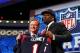 NEW YORK, NY - MAY 08: Jadeveon Clowney of the South Carolina Gamecocks stands on stage with NFL Commissioner Roger Goodell after he was picked #1 overall by the Houston Texansduring the first round of the 2014 NFL Draft at Radio City Music Hall on May 8, 2014 in New York City. (Photo by Elsa/Getty Images)
