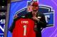 NEW YORK, NY - MAY 08: Mike Evans of the Texas A&M Aggies poses with a jersey after he was picked #7 overall by the Tampa Bay Buccaneers during the first round of the 2014 NFL Draft at Radio City Music Hall on May 8, 2014 in New York City. (Photo by Elsa/Getty Images)