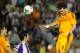 Real Madrid's Portuguese defender Pepe, right, jumps for the ball during a Spanish La Liga soccer match against Real Valladolid, at the Jose Zorrilla stadium in Valladolid, Spain, Wednesday, May 7, 2014. (AP Photo/Israel L. Murillo)