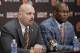 Cleveland Browns head coach Mike Pettine, left, and general manager Ray Farmer talks about the 2014 draft at the NFL football team's facility in Berea, Ohio, Friday, May 9, 2014. After a series of trades, the Browns selected Oklahoma State cornerback Justin Gilbert with the eighth overall pick and Texas A&M quarterback Johnny Manziel with the 22nd. (AP Photo/Mark Duncan)