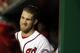 Washington Nationals' Bryce Harper celebrates his three-run homer after the umpires review confirms the play during the fourth inning of a baseball game against the Miami Marlins at Nationals Park Wednesday, April 9, 2014, in Washington. (AP Photo/Alex Brandon)