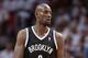 May 6, 2014; Miami, FL, USA; Brooklyn Nets center Kevin Garnett (2) reacts during the first half in game one of the second round of the 2014 NBA Playoffs against the Miami Heat at American Airlines Arena. Mandatory Credit: Steve Mitchell-USA TODAY Sports